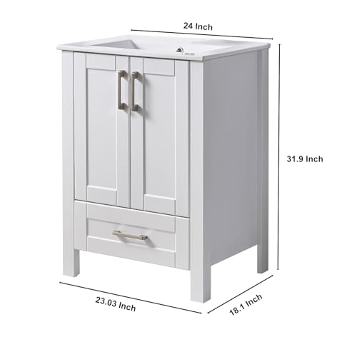 Wenore Home 24 Inch Bathroom Vanity with Sink, Small Bathroom Vanity Sink Set, White Bathroom Vanity Cabinet Combo, Modern Bath Vanity with Single Hole Ceramic Sink - Thumbnail 2