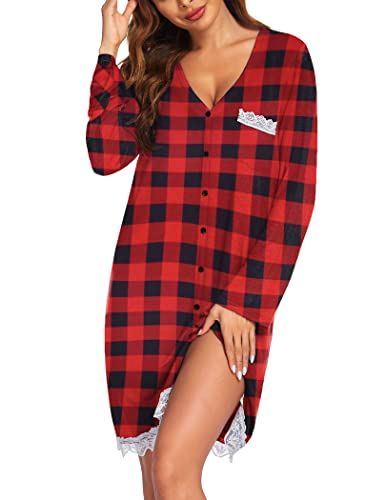 Ekouaer Nachthemd Kariert Damen Stillnachthemd Langarm Schlafshirt Baumwolle Nachtwäsche V-Ausschnitt Sleepshirt mit Durchgehender Knopfleiste, Kariert-Rot, L