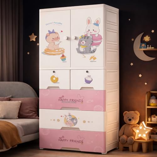 Image of AYSIS Kids Plastic Collapsible Wardrobe Organizer for Storage with Drawers | Cute Cartoon Design | Heavy Duty Cloth Organizer for Storage | Easy to Assemble | Perfect for Kids Room & Home | Sweet