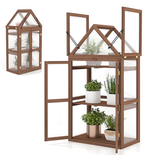 HOMASIS 1.3m Mini Serre de Jardin à 3 Niveaux Transparente en Polycarbonate, Serre d'Hivernage Plante Exterieur avec 2 Porte Toit Ouvrant avec Étagères Réglables, Cadre en Bois de Sapin, 71x41x133cm