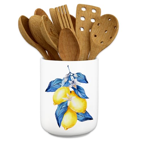 JarThenaAMCS Lemon Kitchen Decoration Ceramic Utensil Holder Yellow Blue Lemon Utensil Crock for Summer Coffee Spoon Holder Jar Home Countertop Storage Organizer Container