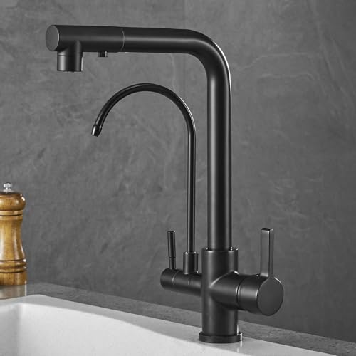 Robinet de cuisine 3 voies mitigeur en laiton noir avec douchette extractible pour évier
