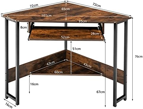 COSTWAY Corner Desk, Industrial Triangle Computer Desk PC Laptop Table with Keyboard Tray and Storage Shelf, Space Saving Metal Frame Wooden Study Writing Workstation for Home Office Bedroom