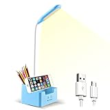 LED Schreibtischlampe mit USB-Ladeanschluss, Tischlampe mit Stifthalter&Telefonständer,Augenpflege 3 Modi Dimmen, Flexiblem Schwanenhals, Leselampe für Büro, Arbeitszimmer, Kinder, Lesen (Blau)