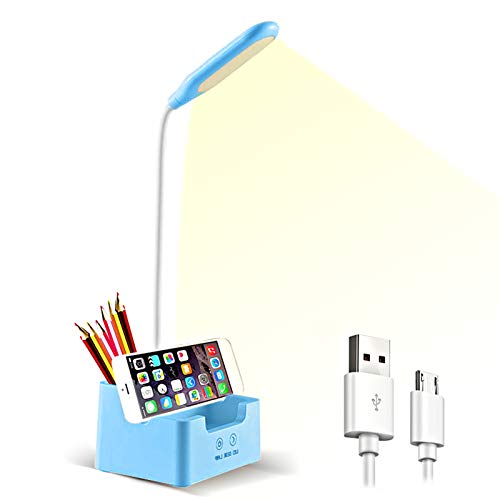 LED Schreibtischlampe mit USB-Ladeanschluss, Tischlampe mit Stifthalter&Telefonständer,Augenpflege 3 Modi Dimmen, Flexiblem Schwanenhals, Leselampe für Büro, Arbeitszimmer, Kinder, Lesen (Blau) Cover