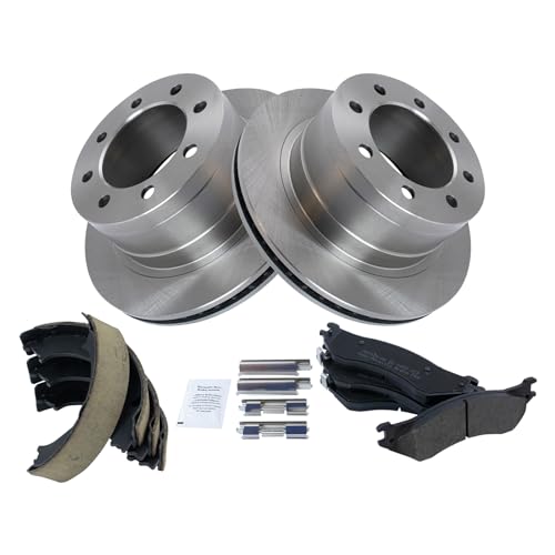 Image of TRQ Rear Brake Pad & Rotor Kit Parking Brake Shoe Set Semi-Metallic Compatible with 2003-2005 Dodge Ram 2500 Ram 3500