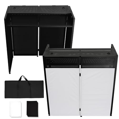 Neoaider DJ Booth Table Station w/Double Top Desktop, DJ Facade Booth with Black & White Scrims, Detachable DJ Table, Carrying Bag, Foldable Metal Frame DJ Booth Panel for Show, Wedding, Clubs