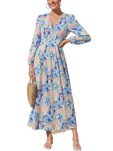 Image of Maxigerui Women's Long Sleeve Floral Maxi Dress 2026 Spring Summer Wedding Guest Dress Blue Doodle Floral Print Dress XL