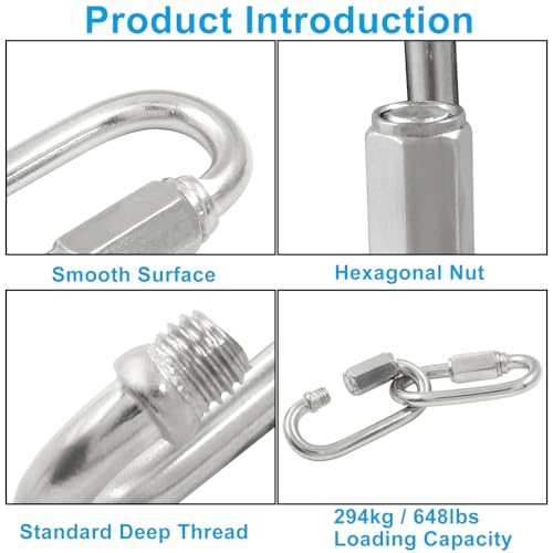 Qjaiune 6Pcs Quick Links 3/16 Inch 304 Stainless Steel D Shape Locking Quick Connector, M5 Quick Link Chain Heavy Duty Durable Chain Connector - 648lbs Capacity