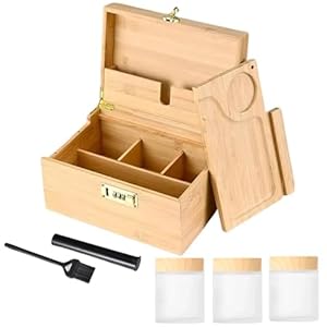 Bamboo Storage Box with Combination Lock – Premium Large Bamboo Storage Box with Removable Tray Brush and Glass Storage Jars, Wooden Storage with All Accessories