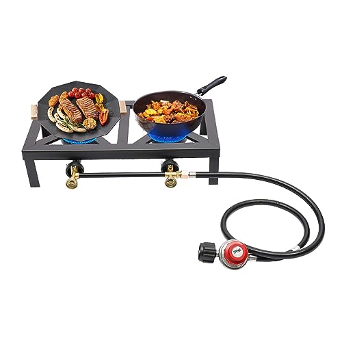 Réchaud à gaz de camping portable - Cuisinière à gaz à double brûleur avec tuyau régulateur pour camping en plein air, pique-niques, barbecues, 0-10 PSI