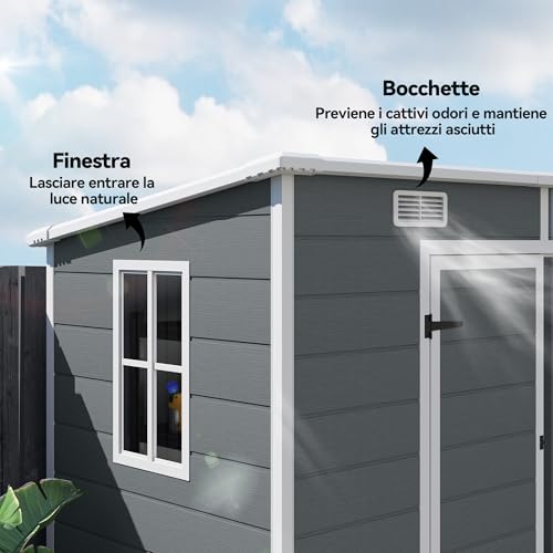 Outsunny Casetta Da Giardino Porta Attrezzi In Finitura Effetto Legno Graffiato Con Pavimento, 2.54M² Capanno Da Giardino Con Doppia Porte E Serratura, Tetto Inclinato, 238X125X183Cm, Grigio - 6