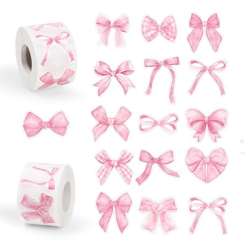 1000 pcs Coquette Bows Stickers for Kids, Pink Bow Stickers Roll for Girls Classroom Crafts Party Deco Planner Envelope (Pink)
