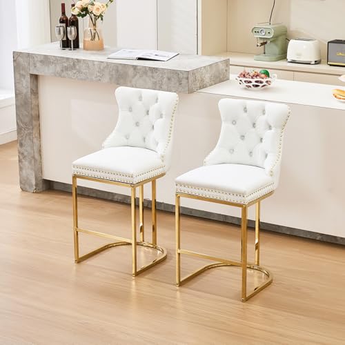 Image of UVV Counter Height Bar Stools Set of 3, 26 inch Modern Barstools with Back, Frbric Upholstery Counter Chairs with Metal Legs for Kitchen Island, Bar, Counter, White