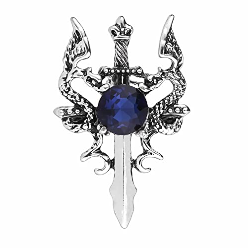 Broche épée de dragon en cristal double dragon, épingle à revers tendance pour collier, badge vintage, manteau, costume, jupe, accessoires pour hommes, adolescents et femmes (Argent)