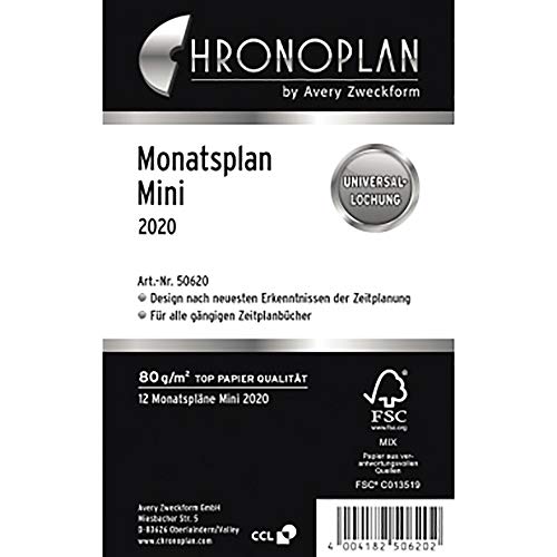 Chronoplan 50620 Kalendereinlage 2020 (Monatsplan Mini (79 x 125 mm),Ersatzkalendarium, ideal für übersichtliche Monatsplanung, Universallochung (zum Ausklappen)) weiß