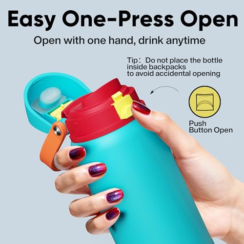 Image of Insulated Water Bottle with Straw - Encool Stainless Steel Water Bottle with Push Button Lid, Leak-Proof & BPA-Free, Keeps Cold for 24 Hours for Sports, Travel, Gym (32 oz, Cerulean Blue)