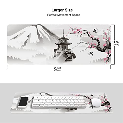 Japanese Cherry Blossom White Gaming Mouse Pad Xl, Extended Large Mouse Mat Desk Pad, Stitched Edges Mousepad, Long Nonslip Rubber Base Mice Pad, 31.5 X 11.8 Inch #TOP5