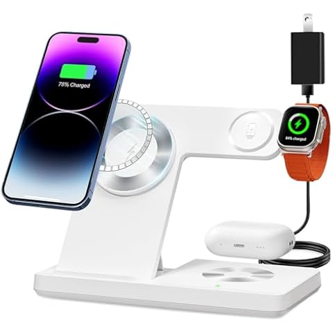 Magnetic 3 in 1 Charging Station for Multiple Devices,Mag-Safe Wireless Charger for iWatch & Airpods Pro 3 2, Foldable Charging Stand Dock for iPhone 12-16 Series with Adapter(White) Cover