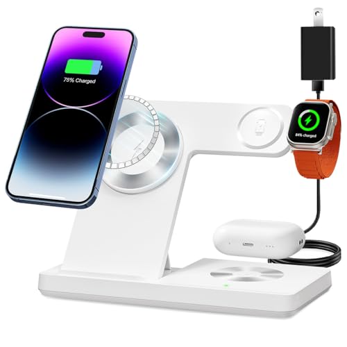 Magnetic 3 in 1 Charging Station for Multiple Devices,Mag-Safe Wireless Charger for iWatch & Airpods Pro 3 2, Foldable Charging Stand Dock for iPhone 12-16 Series with Adapter(White) by ROVXEMES - Used condition - US$11.49