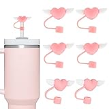 JarThenaAMCS 6Pcs Love Wings Straw Covers Pink Silicone Heart Straw Topper Reusable Cute Straw Tips Lids Protectors Straws Accessories 10mm 0.4 Inch for 30 & 40 OZ Tumbler Cups