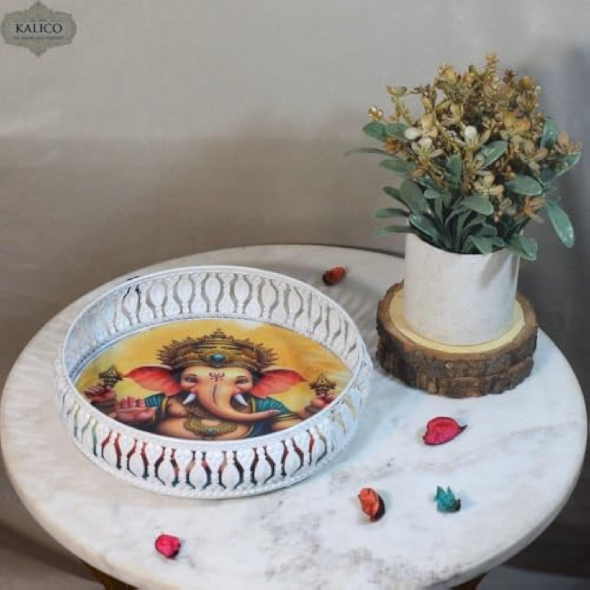 Ganesha Decorative Basket, White Metal, Round Shape
