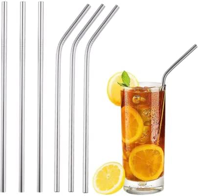 Reusable Stainless Steel Straws - 6 Pack - 3 Straight and 3 Bent - Sleek Metal Straws with Cleaning Brush - Durable, Sustainable, Food Safe, Dishwasher Safe