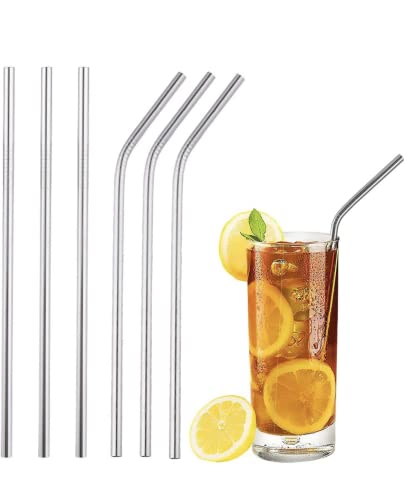 Reusable Stainless Steel Straws - 6 Pack - 3 Straight And 3 Bent - Sleek Metal Straws With Cleaning Brush - Durable, Sustainable, Food Safe, Dishwasher Safe #TOP2