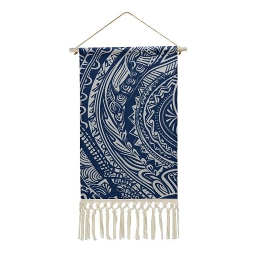 Blue Polynesian Maori Tribal Pattern Wall Art Poster Hanger Frame, Vertical Tassel Tapestry Wall Hanging Decor, Hanging Canvas Pictures Prints Wall Decor for Women Men Bedroom Dorm, 19x10 Inch