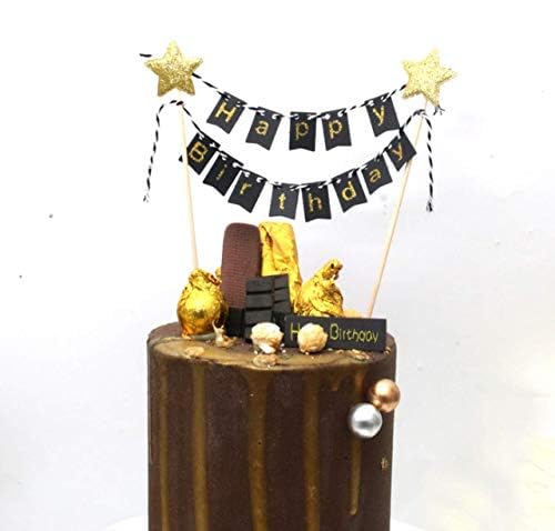 Image of Happy Birthday Cake Topper Birthday Decorations Items Black with Golden Alphabet Cardstock Banner With Ribbon For Kids(Pack of 1, Black)