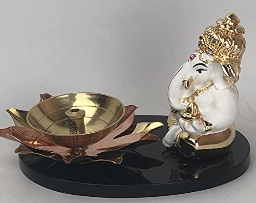 Image of Lord Ganesh Idol Figurine with Diya Polyresin Ganesha Murti for Ganesh Chaturthi Puja Ganesh Murti for Office Table Top Home Decor Gifting & Puja Decoration