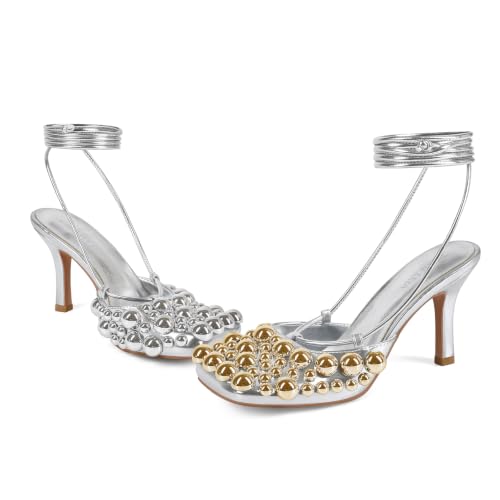 Image of Saint Leia Women's 4IN High Heel Sandals Nude Stiletto Pumps with Gold Silver Pearls Heels for Weddings Parties and Evening Wear