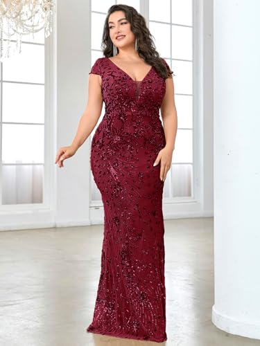Image of Plus Size Womens Sequined Long Evening Gown Glamous Sleeveless V-Neck Mermaid Prom Dress for Wedding Party
