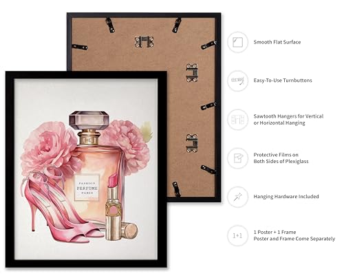 Image of Poster Master Pink Designer Print - Fashion Poster - Shoes, Lipstick & Perfume Art - Chic Gift for Women & Fashionista - Glam Decor for Bedroom or Girl's Room - 11x14 Black Framed