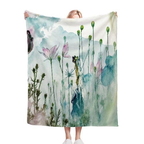 Plaid polaire 180x220 fleurs aquarelle vertes pour lit et canapé B10564