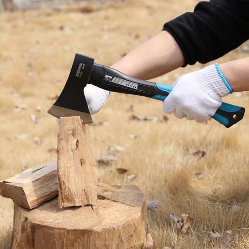 Chopping Axe, 15”Outdoor Hatchet Forged Carbon Steel Heat Treated Hand Maul Tool, Fiberglass Shock Reduction Handle with Anti-Slip Grip, Blue - Thumbnail 6