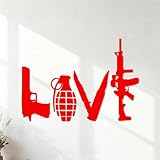 Stickers artistiques en vinyle Armes en forme d'AMOUR : Pistolet, Grenade, Dague, Fusil 35x49.6cm Culture du tatouage Rouge