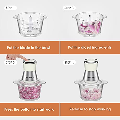 Electric Food Chopper, Redmond 8-Cup Food Processor With Garlic Peeler For Meat, Onion, Vegetable, 2L High Capacity Glass Bowl With 2 Speed, 350W Motor And 4-S Shape Stainless Steel Blades, Cream #TOP5