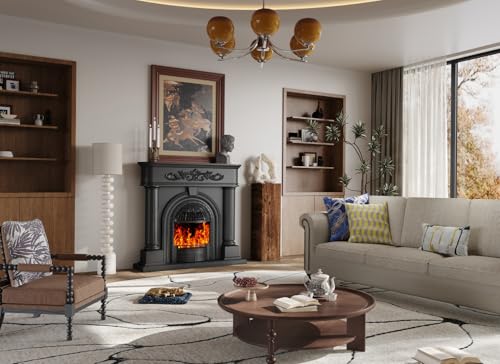 Image of Electric Fireplace with Mantel, Solid Wood Black TV Stand with Fireplace for Living Room,Black Birdcage Fire Place Heater with Roman Column Design for Bedroom