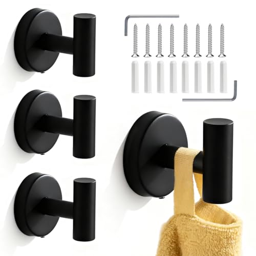 Drenky 4 Pack Bathroom Towel Hooks for Hanging Heavy Duty Matte Black Wall Hooks Screw in 304 Stainless Steel Metal Door Hook for Towel, Coat, Robe, Clothes