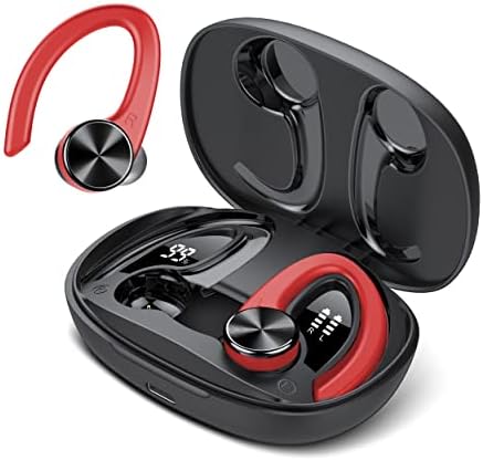 Wireless Earbuds, Bluetooth Headphones with Deep Bass, Bluetooth 5.3 Earphones with LED Display, 45H playtime, IPX7 Waterproof, Touch Control, Over Ear Earphones for Running Workout Sports Gym Red
