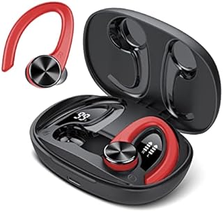 Wireless Earbuds, Bluetooth Headphones with Deep Bass, Bluetooth 5.3 Earphones with LED Display, 45H playtime, IPX7 Waterproof, Touch Control, Over Ear Earphones for Running Workout Sports Gym Red