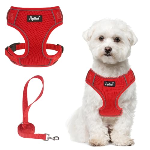 PUPTECK Small Dog Harness and Leash Set, No Pull Adjustable Puppy Cat Harness, Reflective Soft Mesh Pet Vest Small Sized, Red, M