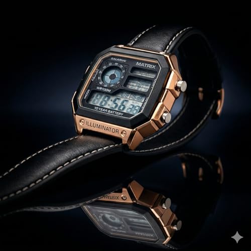 Image of Matrix Illuminator Leather Strap Digital Watch with Alarm, Stopwatch, World Time | for Men & Women
