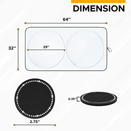 Econour Car Windshield Sunshade (Standard 64X32 Inches) With Bonus Car Cup Coasters Black (2 Pack) | Durable 240T Material Car Sun Visor For Uv Rays And Sun Heat Protection | Car Interior Accessories #TOP2