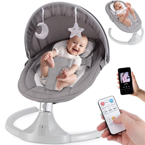 Baby Swing for Newborns 0-6 Months, Electric Infant Swing with Bluetooth &amp; Remote Control, 5-Speed Portable Rocker with 12 Soothing Lullabies, 3-Point Widened Harness, ASTM Certified