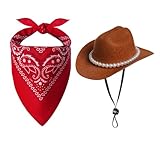 Haakong Pet Cowboy Costume Accessories Halloween Costumes for Small Pet Dogs Cat Cowboy Hat for Dogs and Bandana Scarf Halloween Party Western Cosplay Accessories (Brown, Small)
