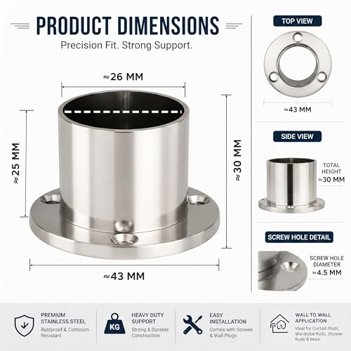 Image of Stainless Steel Wall to Wall Bracket for Curtain and Wardrobe Rod, Rust-Resistant with Strong Hold (Pack of 3, 30 mm)