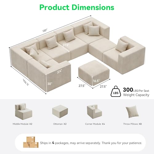 Image of MONVANE Oversized Boneless Sectional Couches for Living Room, 8-Seat Cloud Couch, Modular Sofa with Ottoman & 8 Throw Pillows, Comfy Chenille, No Assembly Required, Beige