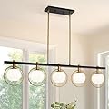 Dining Room Light Fixture/Chandelier Over Table, 5-Light Kitchen Island Lighting, Hanging for Farmhouse Linear Chandeliers, Black and Gold Ceiling Pendant Light Fixtures, with Glass Shade